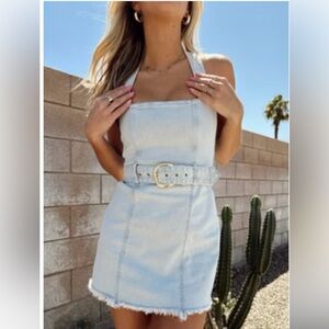 Show Me Your MuMu Light Blue Belted Mini Halter Dress